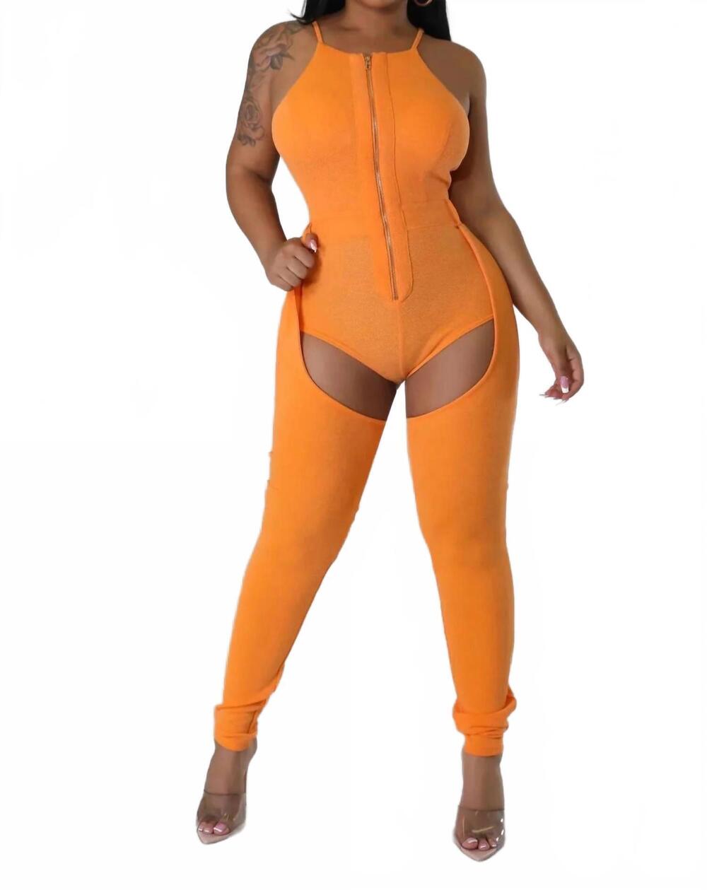 NEW GOOD TIME USA motion - back & front thigh cut out jumpsuit in orange